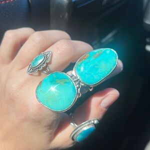 Genuine turquoise sterling silver ring double stone hand made